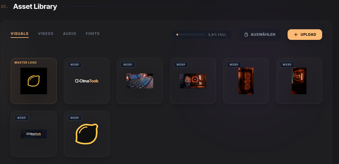 Asset Library mit Tabs, Upload-Button und Datei-Raster