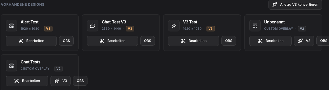 Design-Karten mit OBS-Button in Meine Designs