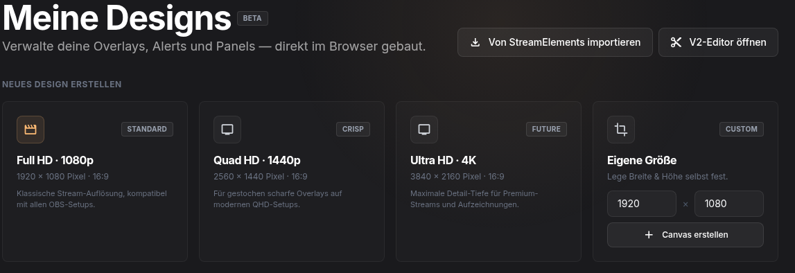 Meine Designs mit Button „Von StreamElements importieren“