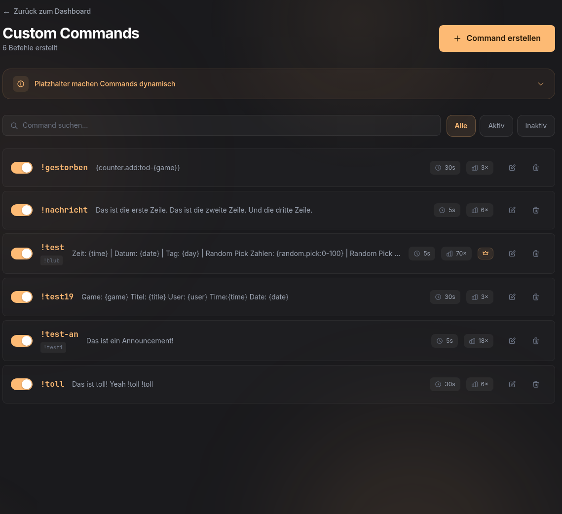 Custom-Commands-Seite mit Platzhalter-Hilfe und Befehlsliste