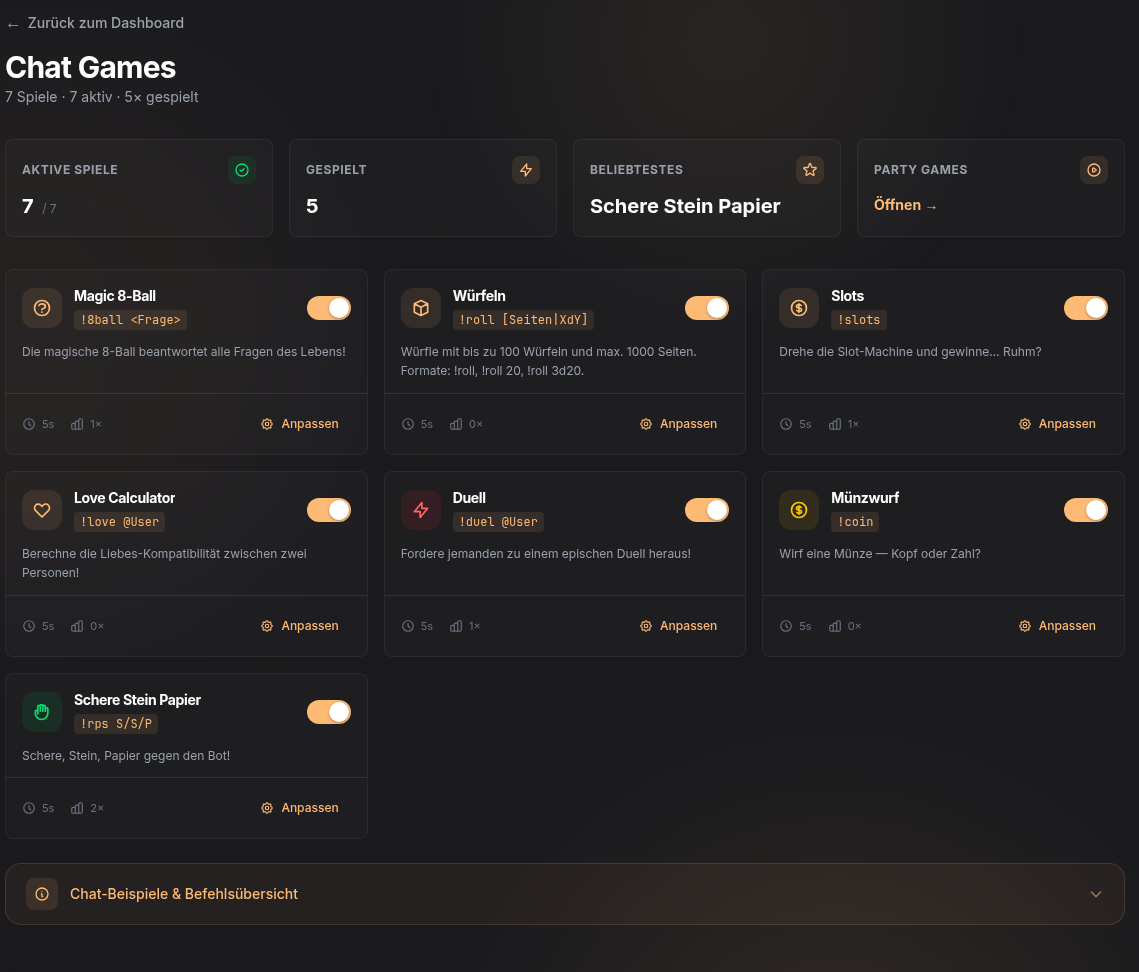Mini-Games-Übersicht mit Spielen und Schaltern