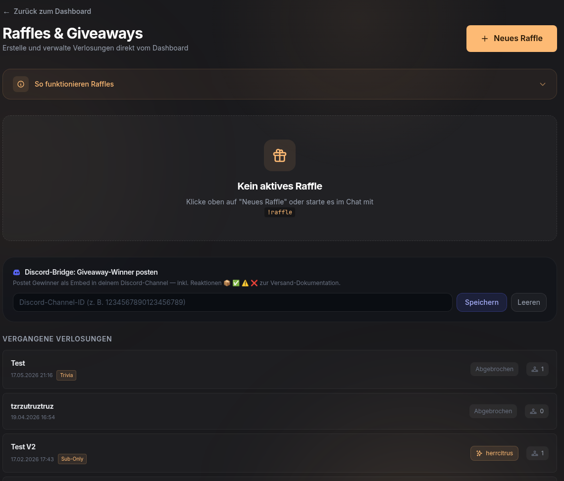 Giveaway-Seite mit Verlosungs-Verwaltung
