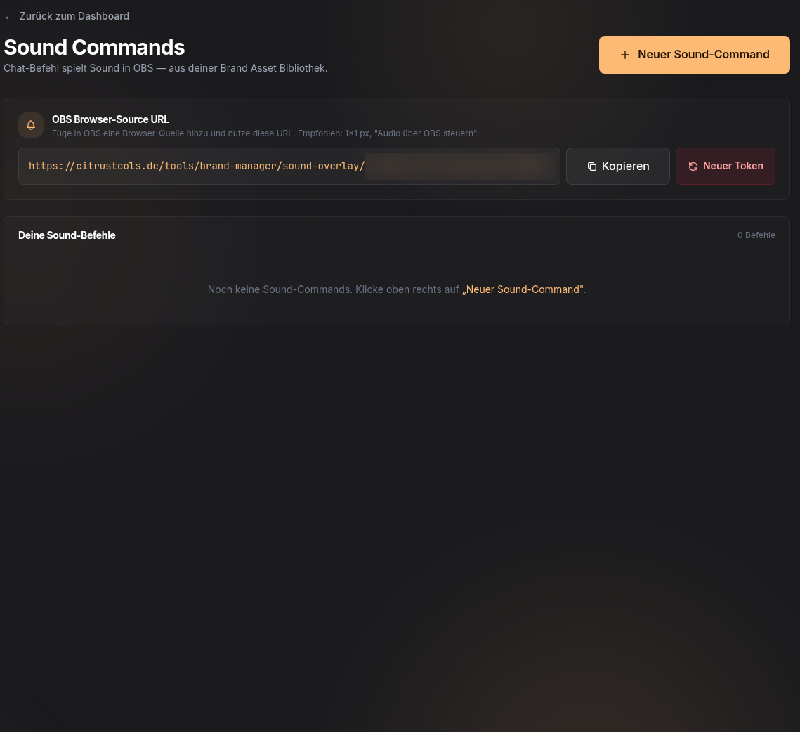 Sound-Commands-Seite mit OBS Browser-Source-URL
