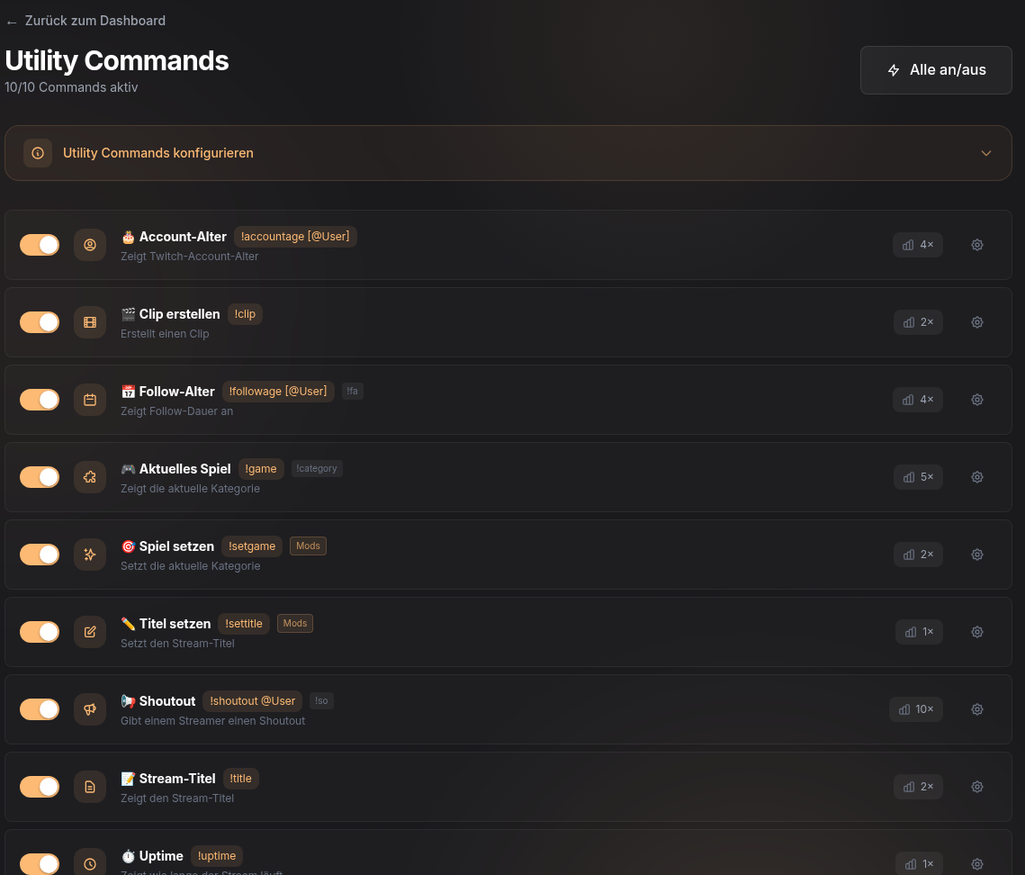 Utility-Commands-Liste mit Schaltern
