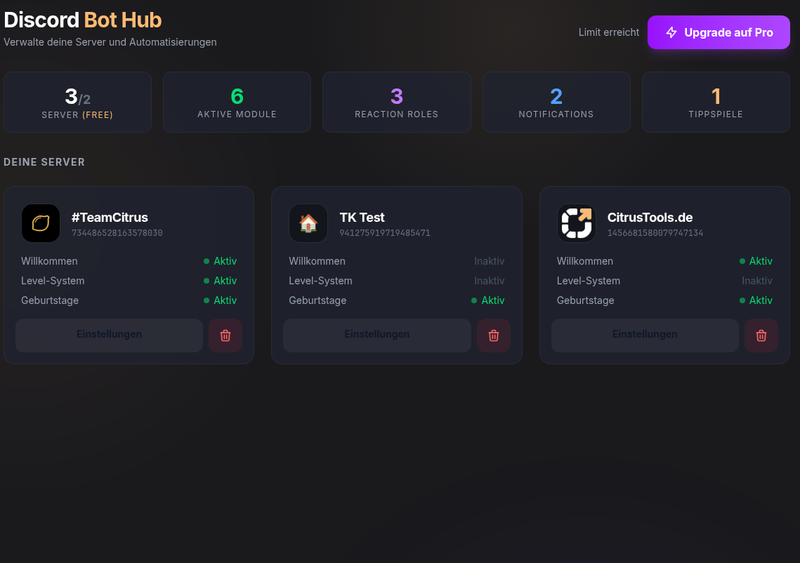 Discord Bot Hub mit Kennzahlen und Server-Karten