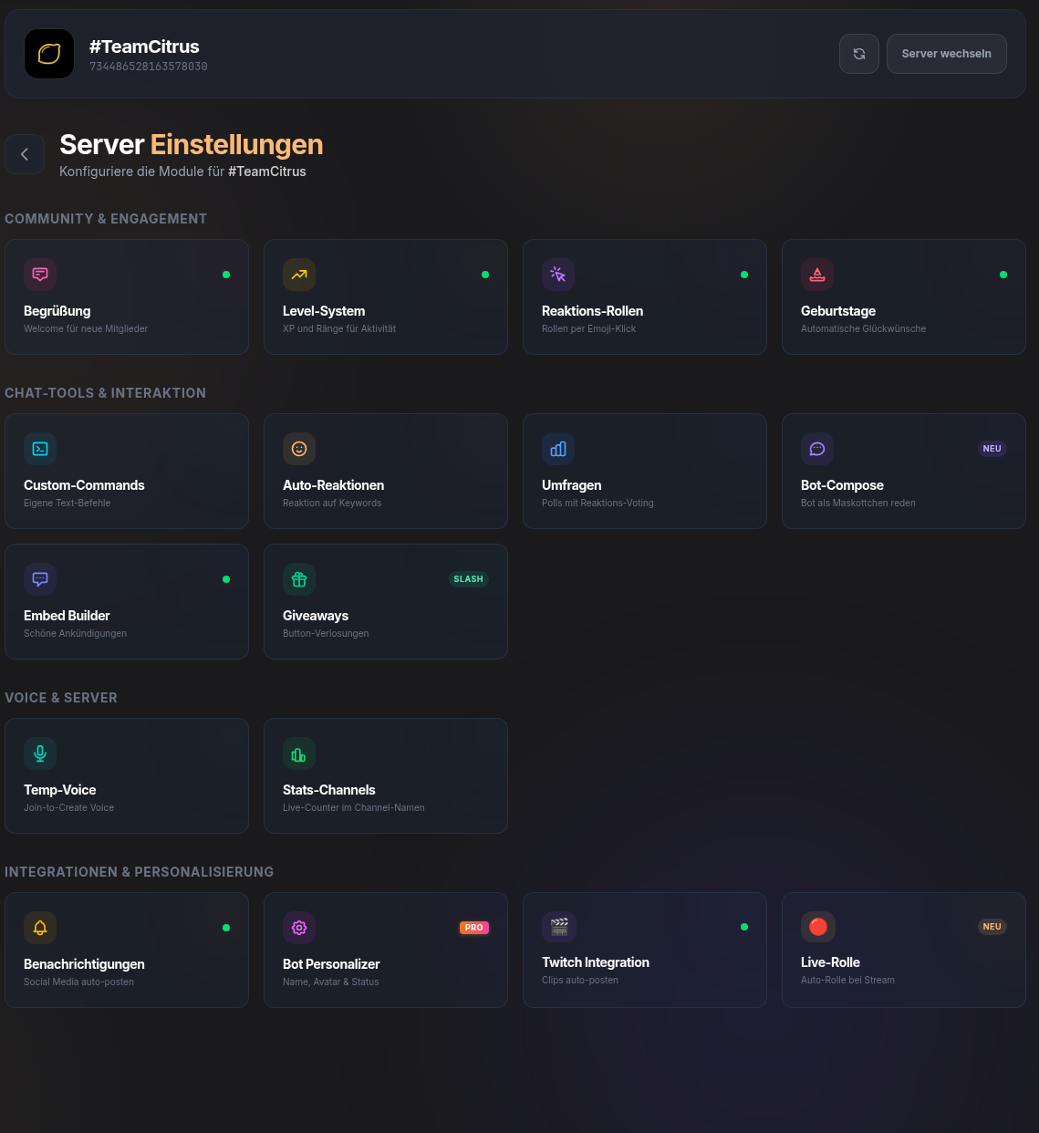 Modul-Übersicht der Server-Einstellungen