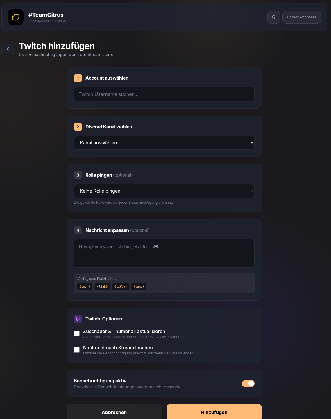Formular für eine Twitch-Live-Benachrichtigung in Discord
