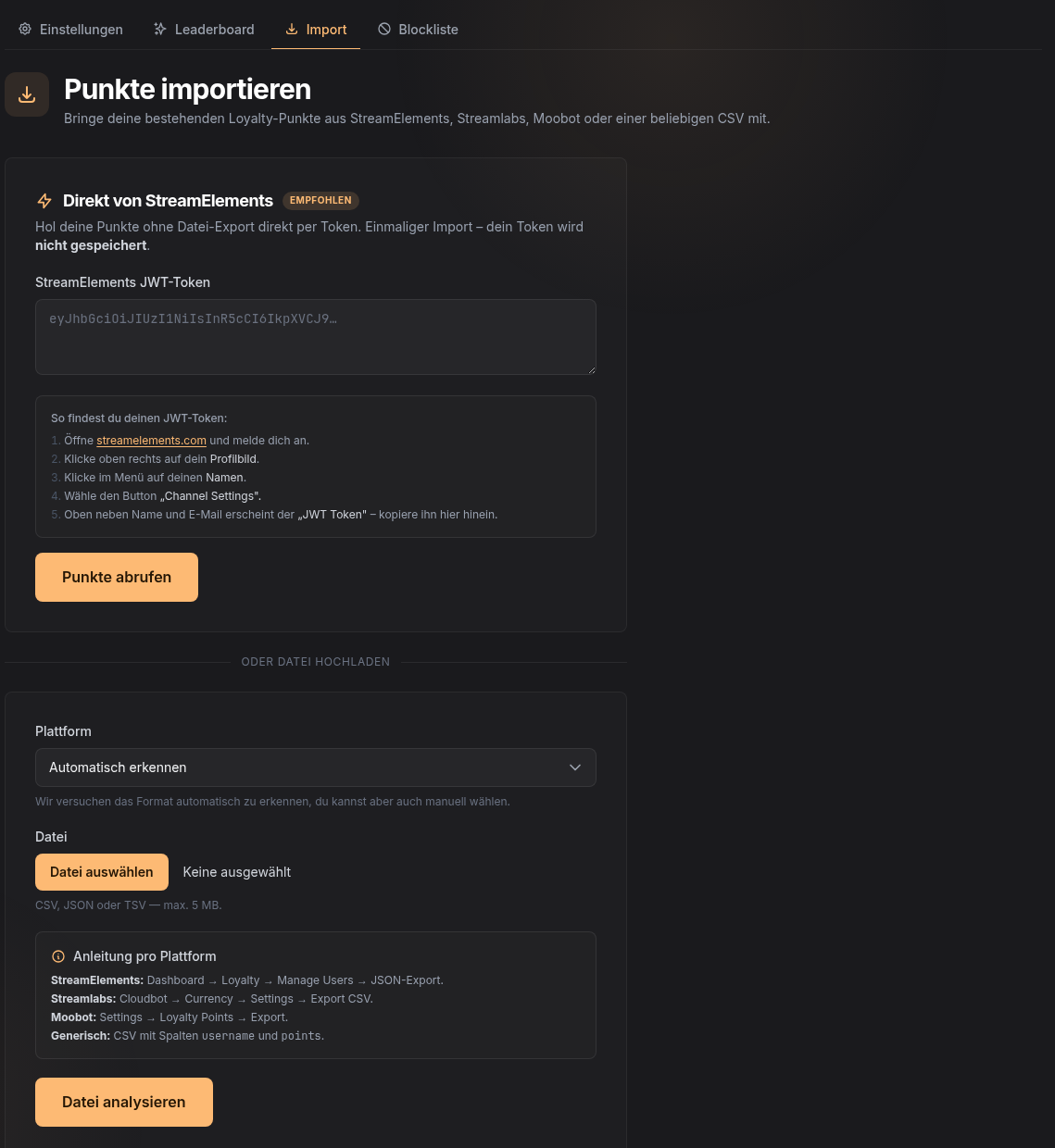 Import-Seite mit StreamElements-Token und Datei-Upload
