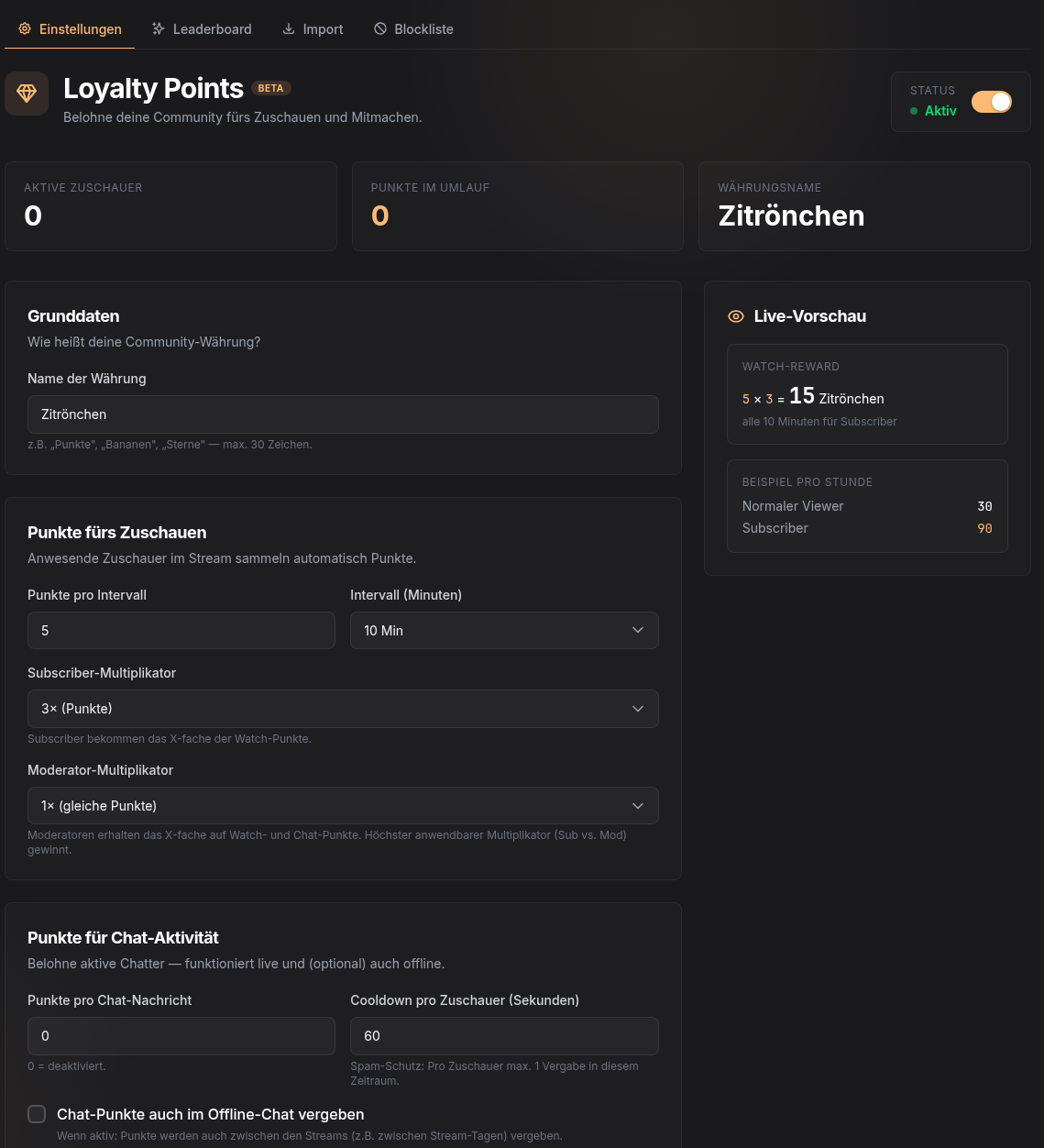 Loyalty-Einstellungen mit Punkteregeln und Live-Vorschau