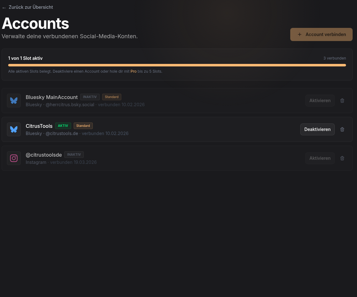 Accounts-Verwaltung mit Slot-Anzeige und verbundenen Konten