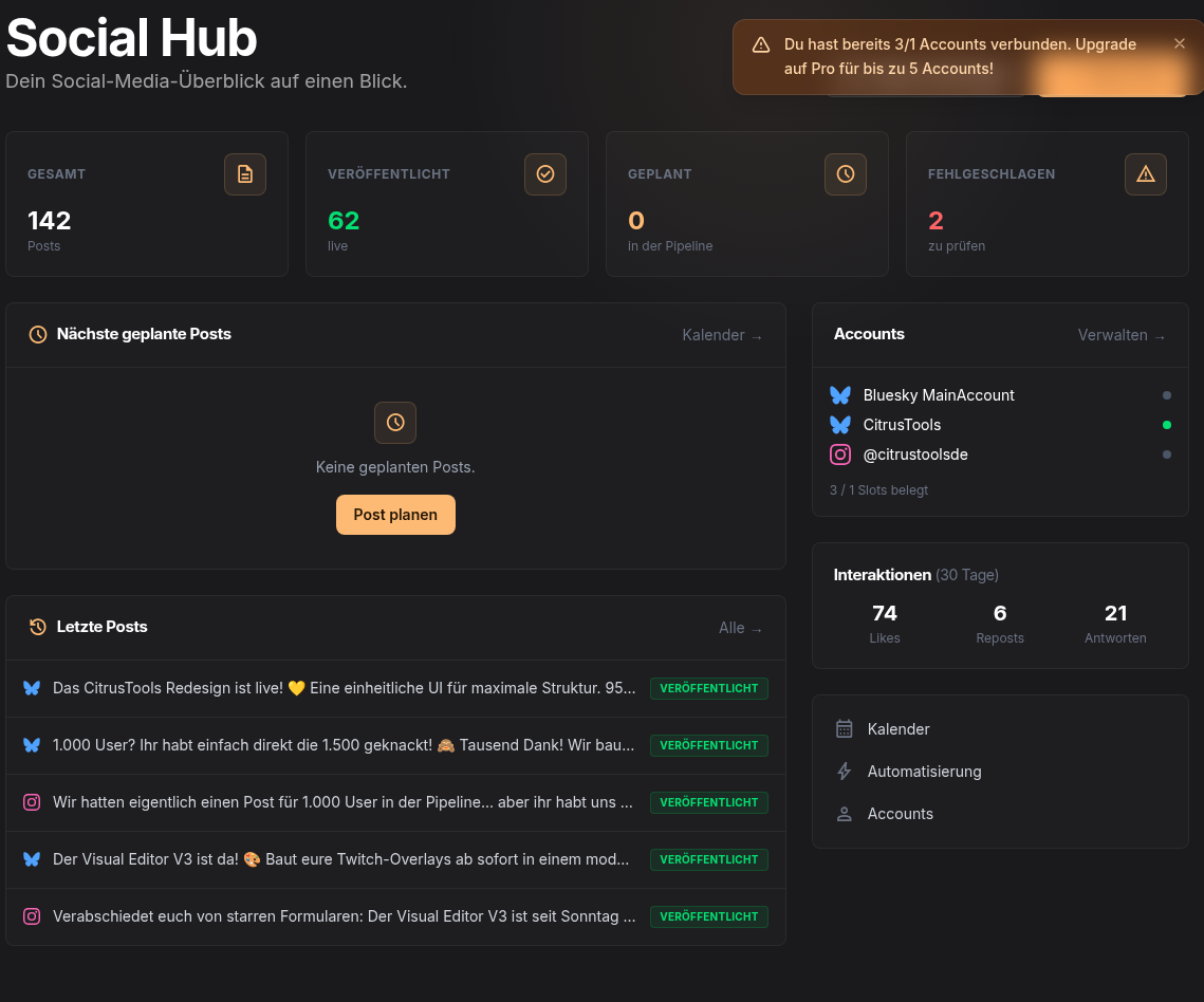Social-Hub-Übersicht mit Kennzahlen, Accounts und Interaktionen