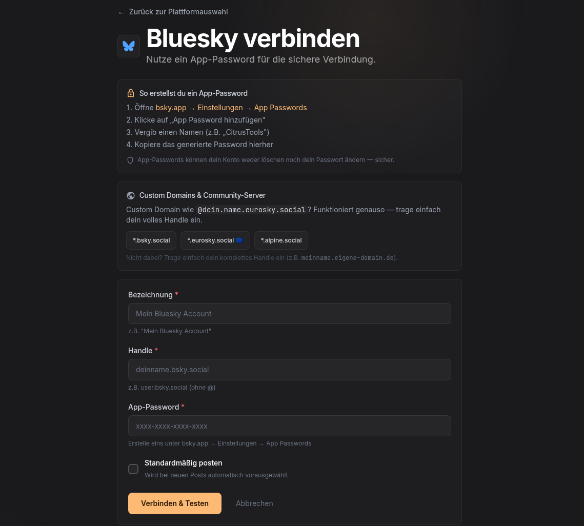 Formular zum Verbinden eines Bluesky-Kontos mit App-Passwort