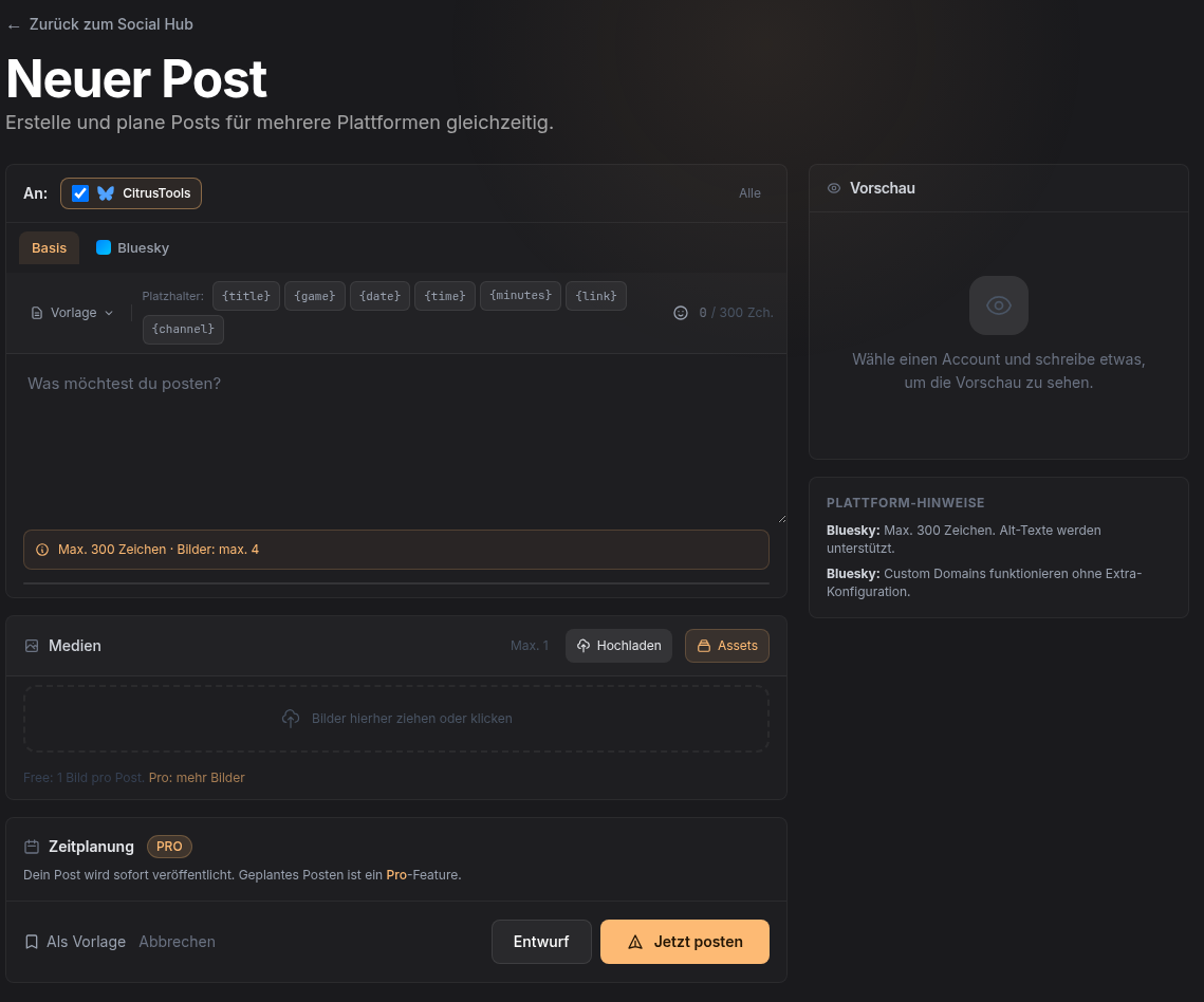 Composer mit Account-Auswahl, Textfeld, Platzhaltern, Medien und Vorschau
