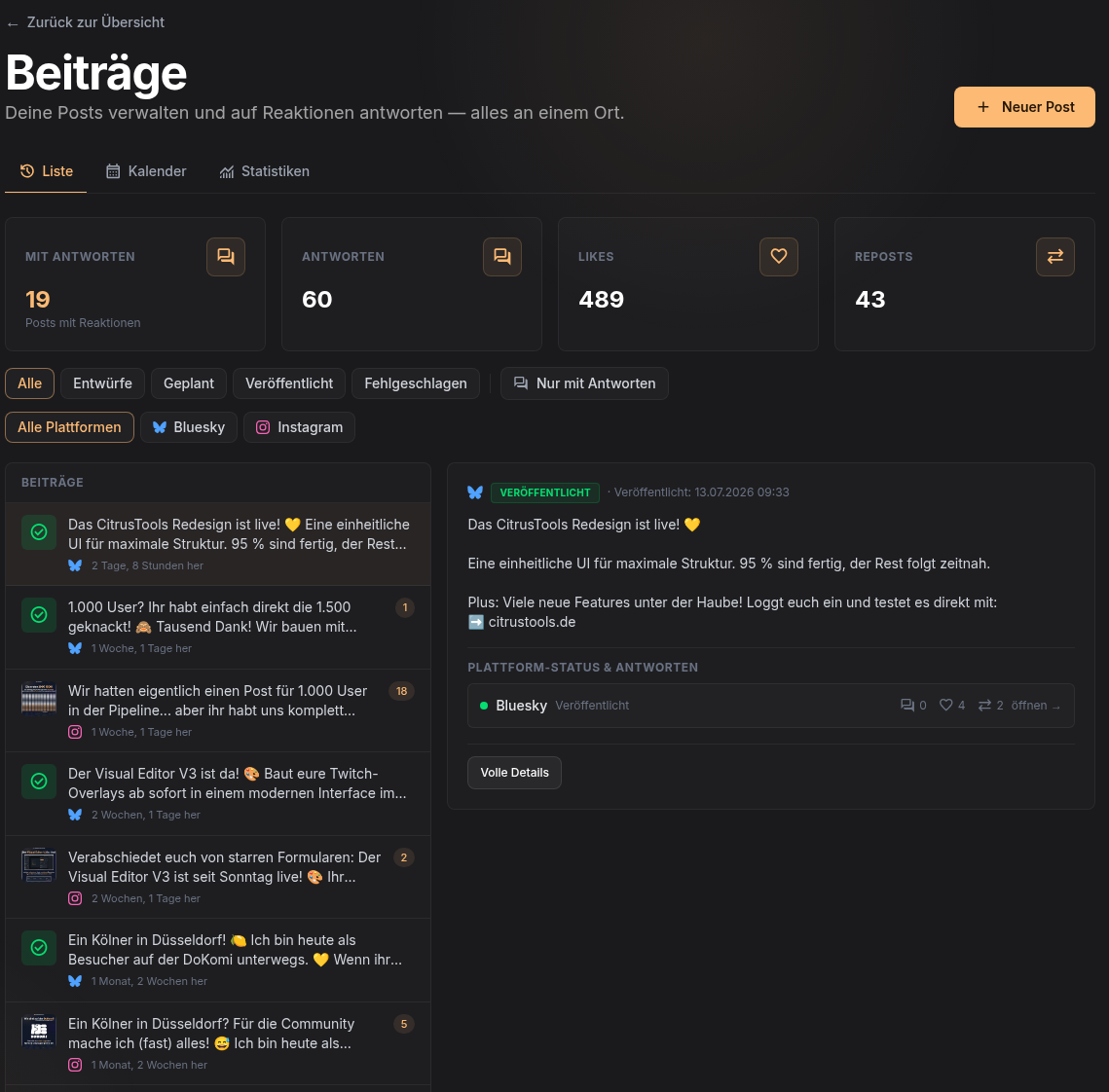 Beiträge-Liste mit Filtern, Engagement-Zahlen und Detailansicht