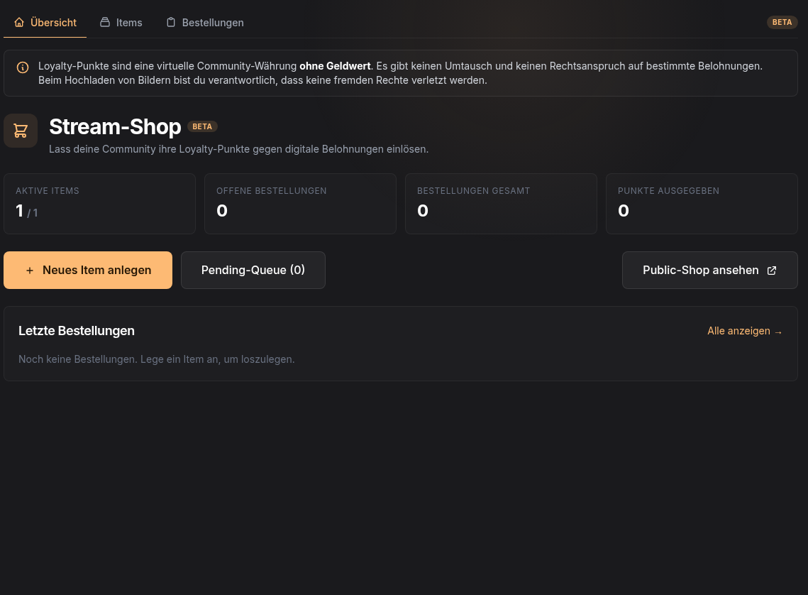 Stream-Shop-Dashboard mit Kennzahlen und Aktionen