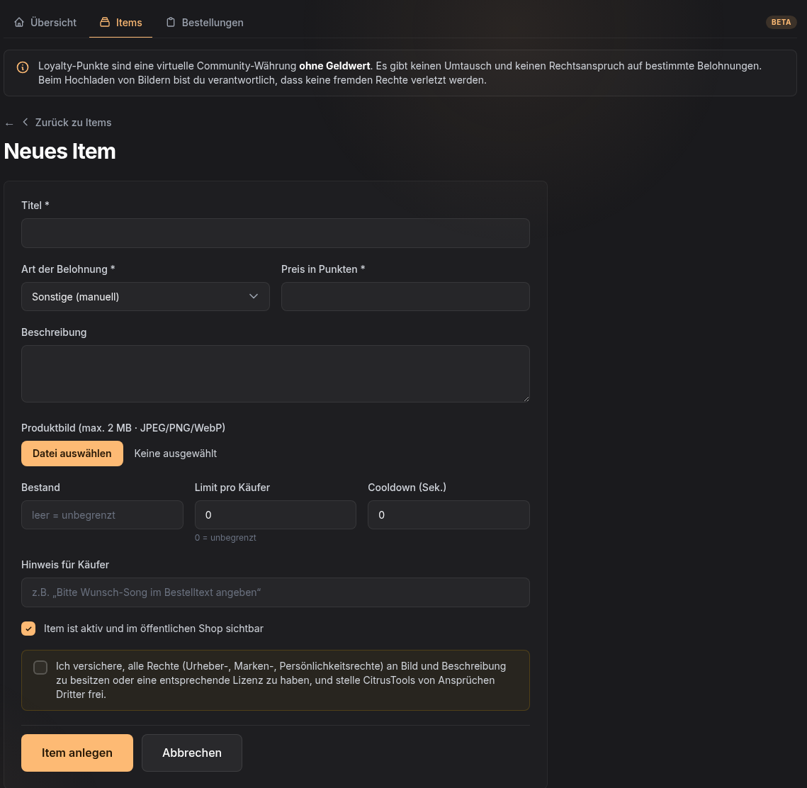 Formular zum Anlegen einer Belohnung mit allen Optionen