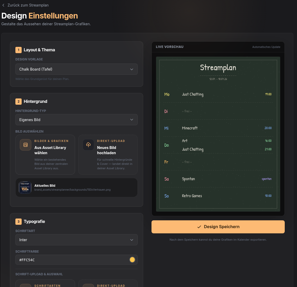 Design-Einstellungen des Streamplaners mit Layout und Live-Vorschau