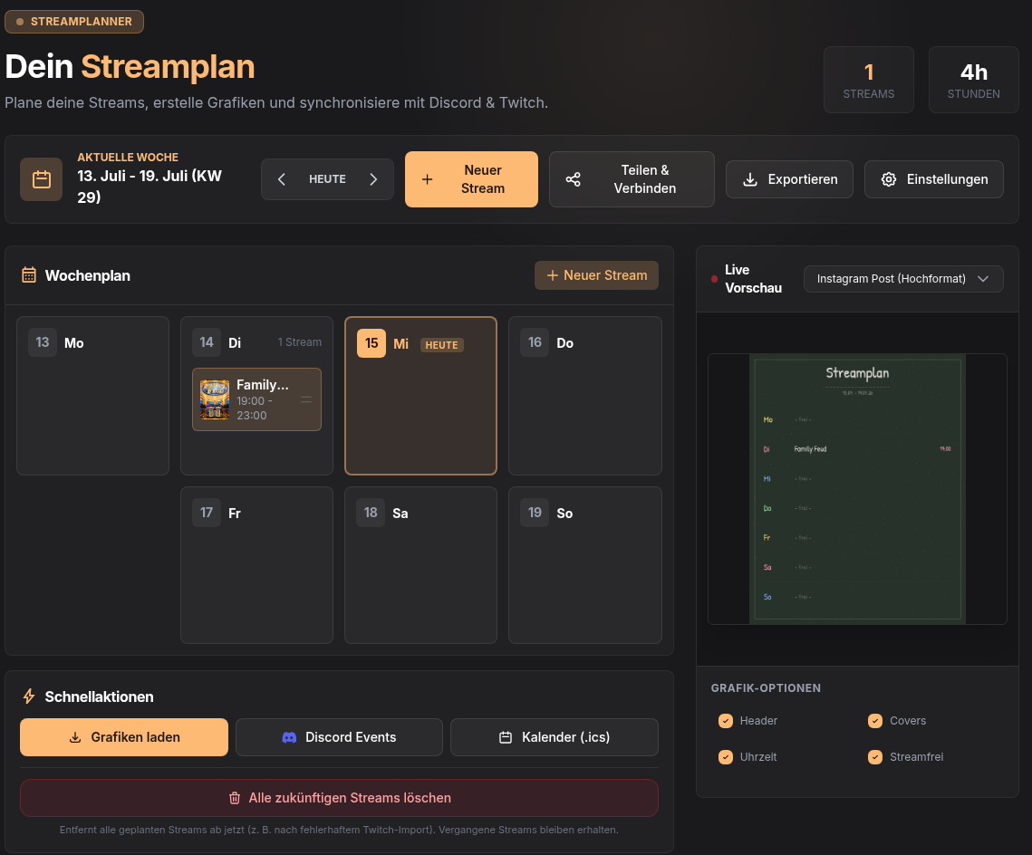 Streamplaner-Wochenansicht mit geplantem Stream und Live-Vorschau