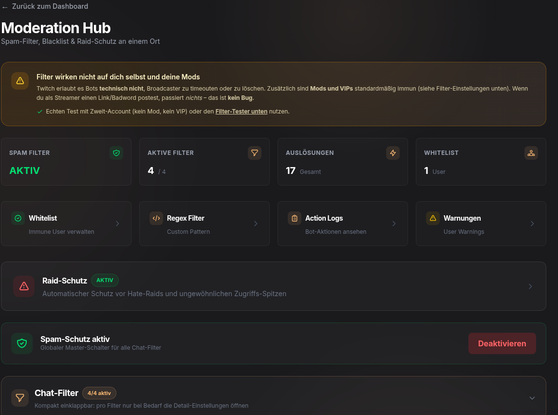 Moderation Hub Übersicht mit Filtern und Raid-Schutz